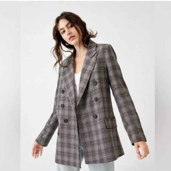 Free People Ashby Blazer Gray/Black Plaid Double Breasted Oversize Jacket M - Picture 4 of 12